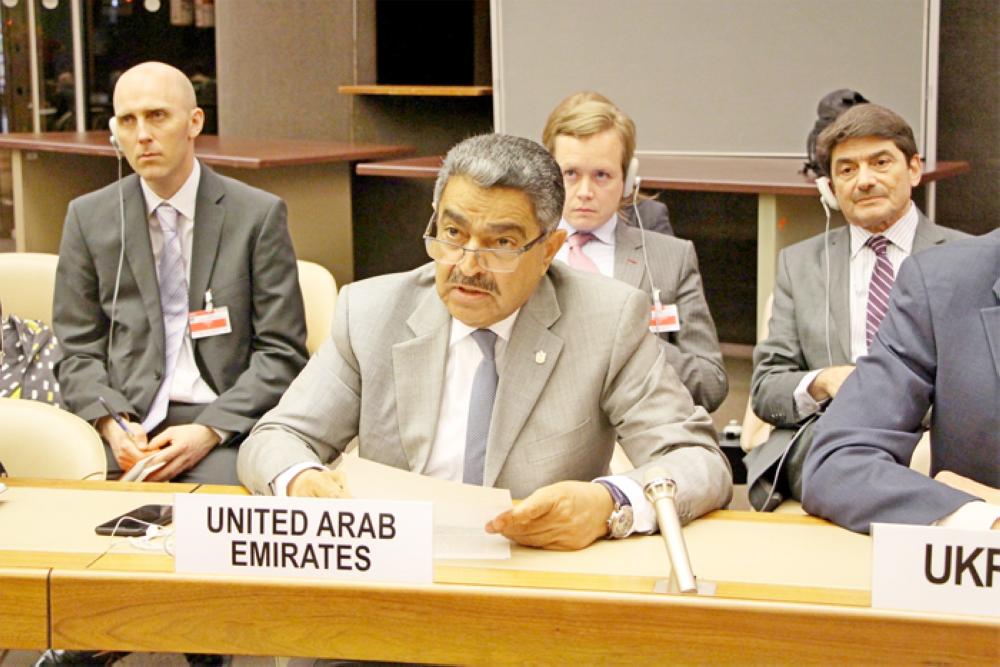 Representative to the United Nations Obaid Salem Al Zaabi making a point