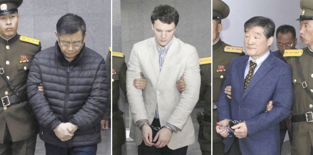 In this combination of file photos, from left, Canadian pastor Hyeon Soo Lim, American tourist Otto Warmbier and South Korean-born US citizen Kim Dong Chul, are escorted at courtrooms in Pyongyang, North Korea. — AP