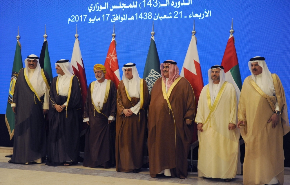 (From left) Foreign ministers Sheikh Sabah Al-Khaled (Kuwait), Mohammed Bin Abdulrahman (Qatar), Yusuf Bin Alawi (Oman), Adel Al-Jubeir (Saudi Arabia), Khalid Bin Ahmed (Bahrain); UAE Minister of State for Foreign Affairs Anwar Gargash and GCC Secretary General Abdul Latif Bin Rashid Al-Zayani pose for a group picture during a meeting of the Gulf foreign ministers in Riyadh, Wednesday evening. The ministers met a ew days ahead of the Gulf Cooperation Council (GCC) summit. The summit will be one of three forums held during a visit by US President Donald Trump, who is making Saudi Arabia his first overseas stop since assuming office in January. — AFP