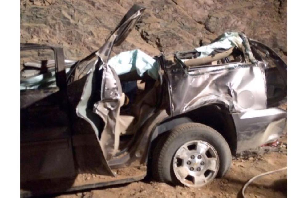 The mangled remains of the car that overturned near Badr on Yanbu highway Tuesday night.