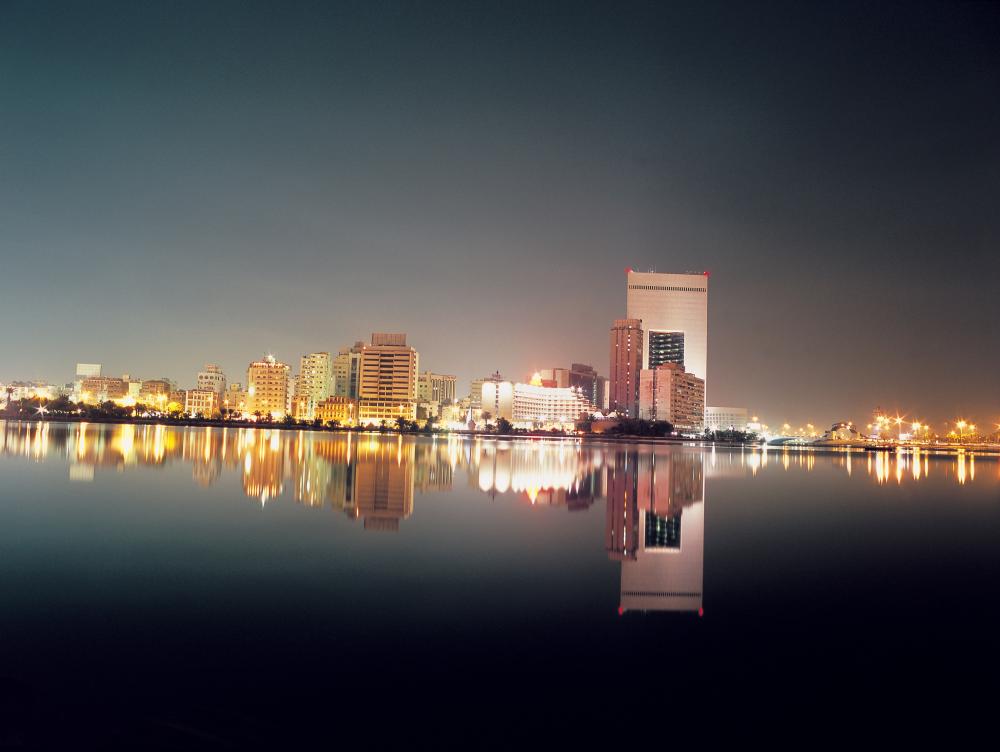 View of the lake and NCB Bank building in Jeddah, Saudi Arabia
