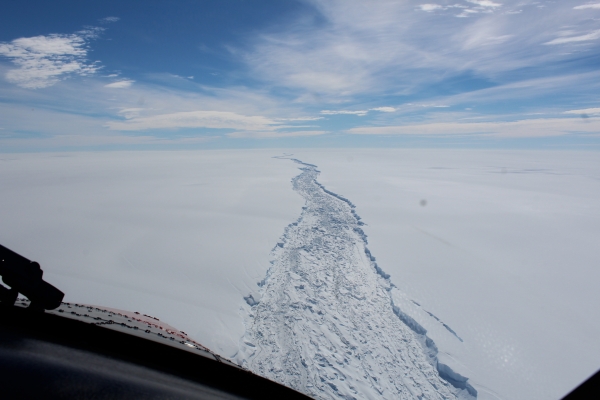 This is a Feb. 2017 image of the Larsen C ice shelf in Antarctica made available by the Antarctic Survey on Wednesday. A vast iceberg with twice the volume of Lake Erie has broken off from a key floating ice shelf in Antarctica, scientists said Wednesday. The iceberg broke off from the Larsen C ice shelf, scientists at the University of Swansea in Britain said. The iceberg, which is likely to be named A68, is described as weighing 1 trillion tons (1.12 trillion US tons). — AP