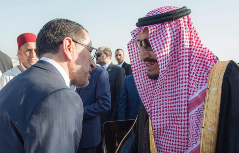 Morocco’s Prime Minister Saadeddin Al-Othmani and other senior officials receive Custodian of the Two Holy Mosques King Salman at Ibn Battouta Airport in Tangier, Morocco on Monday evening. - SPA