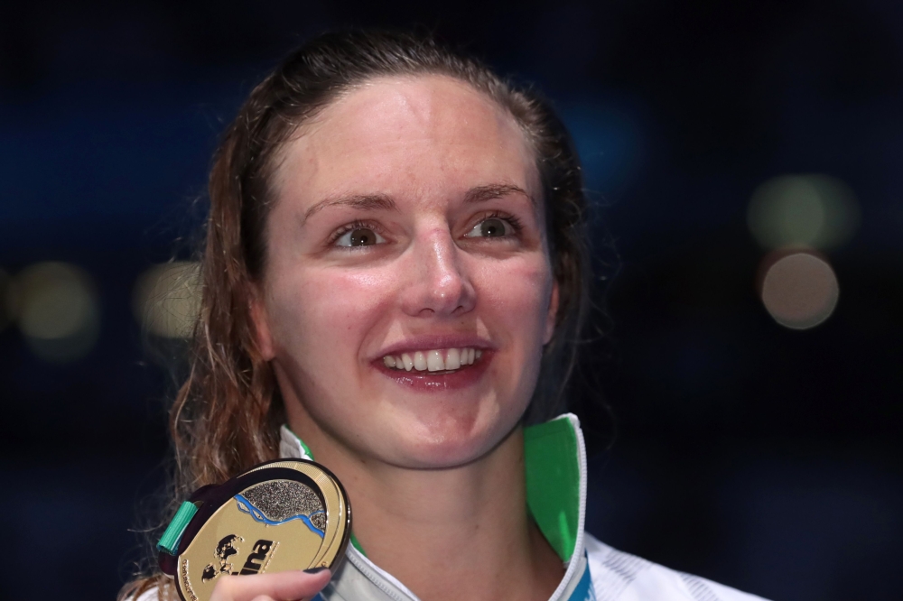 Hungary's Katinka Hosszu celebrates on the podium after the women's 200m Individual Medley final during the swimming competition at the 2017 FINA World Championships in Budapest, on Monday. — AFP