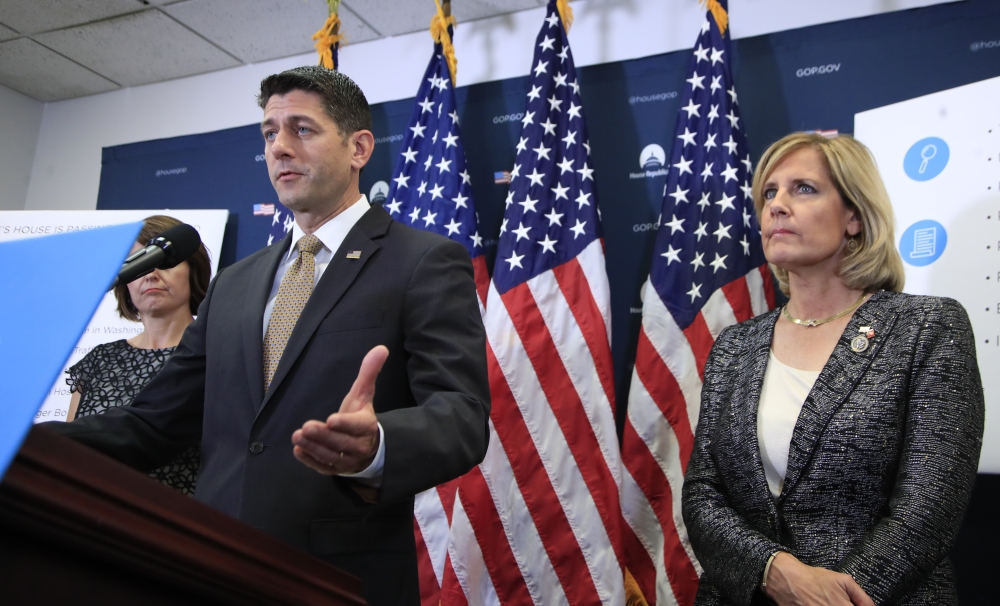House Speaker Paul Ryan with Rep. Claudia Tenney, right, and Rep. Cathy McMorris Rodgers, speaks during a news conference on Capitol Hill in Washington on Tuesday. — AP