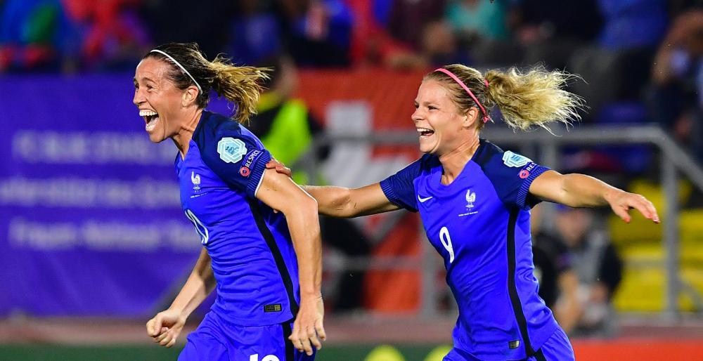 France’s midfielder Camille Abily (L) reacts after scoring against Switzerland during the UEFA Women’s Euro 2017 Football Tournament at Rat Verlegh Stadium in Breda Wednesday. — AFP