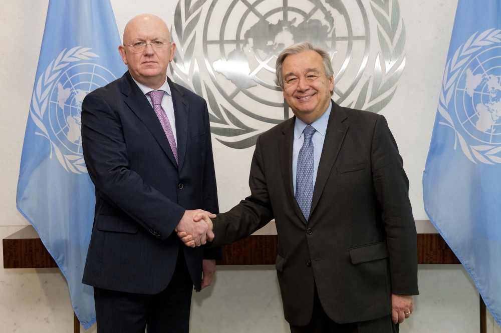 Russia's new ambassador to the United Nations Vassily Alekseevich Nebenzia, left, shakes hands with UN Secretary General Antonio Guterres when he presented his credentials, at United Nations headquarters, Friday. — AP