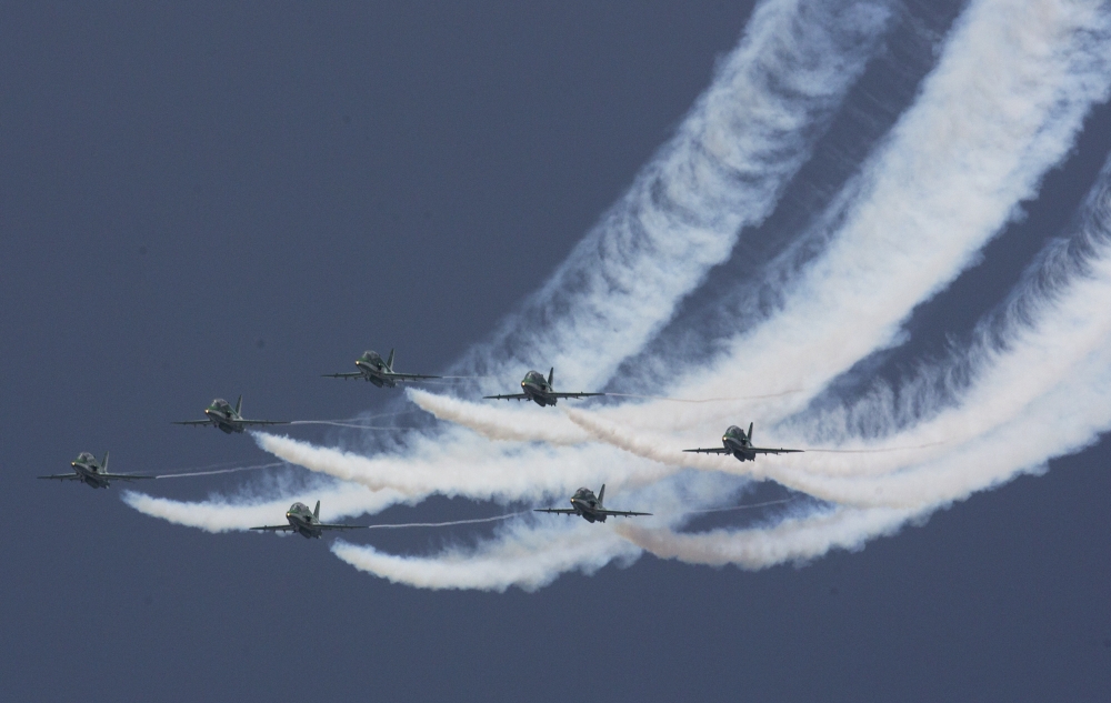 Pakistan air force pilots demonstrate their skill during an air show to celebrate the 70th Independence Day in Islamabad on Monday. — AP