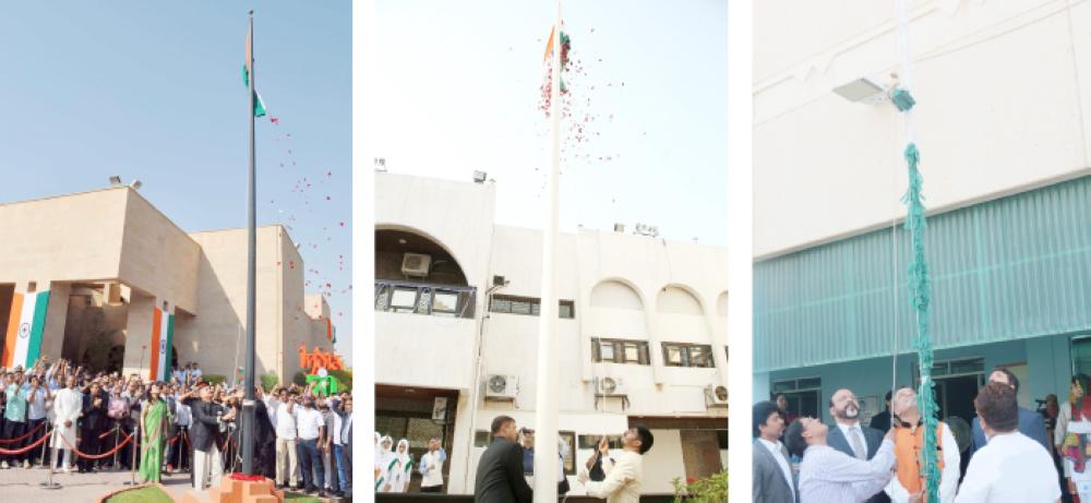 Indian Ambassador Ahmad Javed, left frame, Indian Consul General Md. Noor Rahman Sheikh, center, and Dr. Syed Zainul Abidin chairman of the managing committee of IISD, right, unfurl the tricolor at Riyadh, Jeddah and Dammam respectively on the occasion of the Indian Independence Day on Tuesday. – Courtesy photos