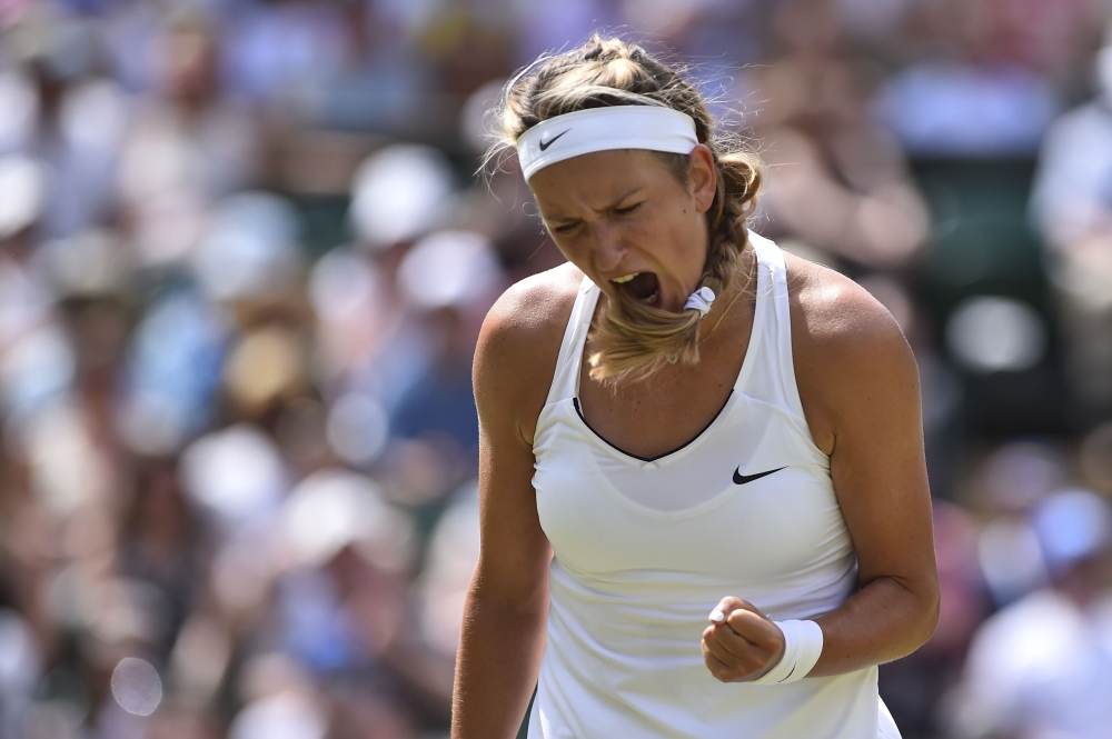 This file photo shows Belarus' Victoria Azarenka as she celebrates winning a point against Britain's Heather Watson during their women's singles third round match on the fifth day of the 2017 Wimbledon Championships at The All England Lawn Tennis Club in Wimbledon. Victoria Azarenka detailed her custody fight over eight-month-old son Leo in a Twitter-linked note on Thursday, saying she will skip the upcoming US Open because of it unless things change. — AFP