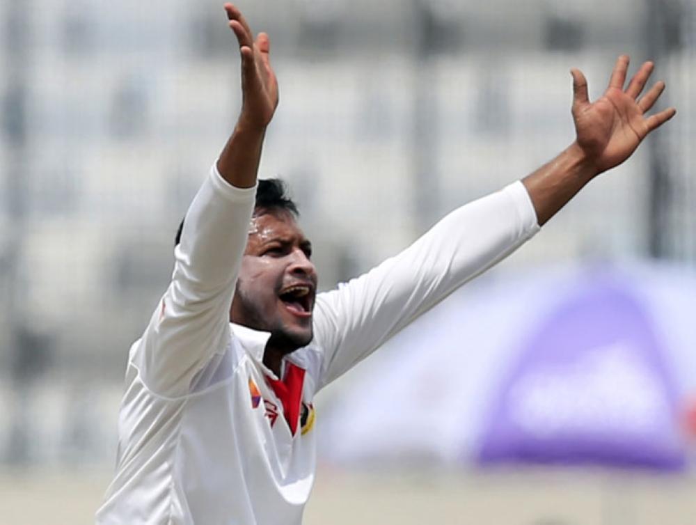 Bangladesh's Sakib Al Hasan makes an appeal for an Australian wicket during the fourth day of their first Test cricket match in Dhaka Wednesday. — AP