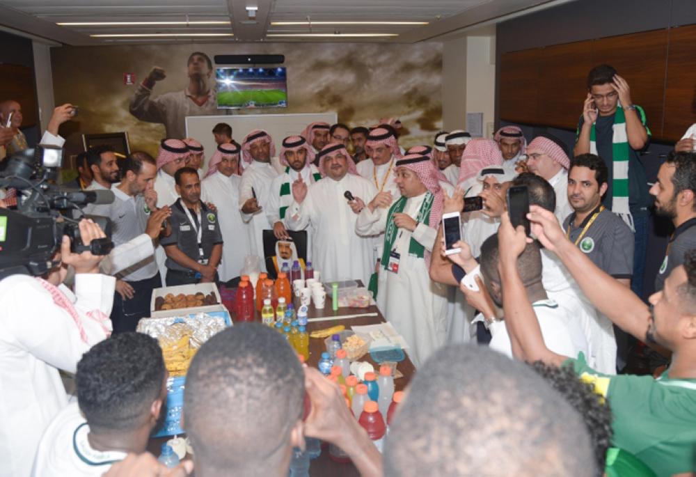 Crown Prince Muhammad Bin Salman, deputy premier and minister of defense, shows victory sign at the end of the World Cup qualifier match at King Abdullah Sports City Stadium in Jeddah on Tuesday night 