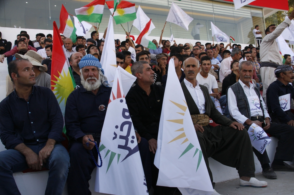 Iraqi Kurdish men take part in a rally calling for the deferment of an independence referendum that is due to take place on Sept. 25. — AFP
