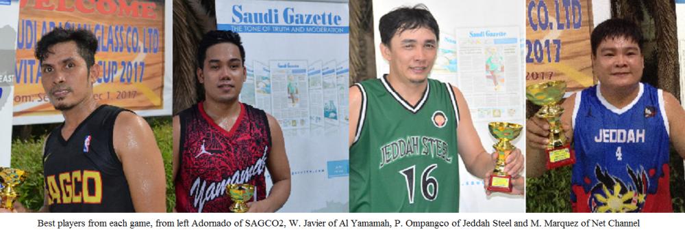 SAGCO basketball committee members with Nico De Wet, SAGCO plant manger and patron of basketball event; Lemuel Lopez, vice consul of Philippine Consulate Jeddah and Saudi Gazette Sports Editor K. O. Paulson. 
