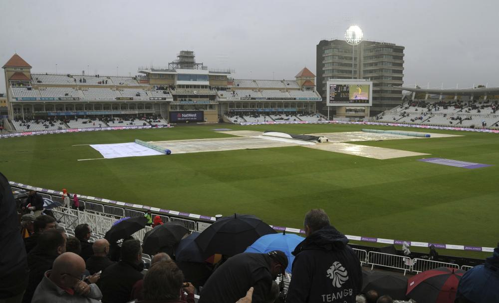 The pitch is covered as rain stopped play and match was later abandoned during the second One-Day International match between England and West Indies at Trent Bridge Thursday. — AP 