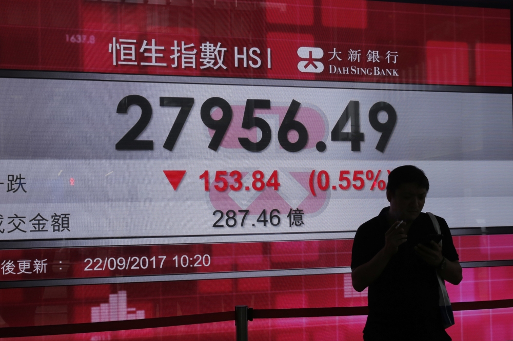 A man stands in front of an electronic stock board showing the Hang Seng Index at a bank in Hong Kong, Friday. The Standard & Poor's rating agency has cut its credit rating for Hong Kong a day after downgrading China, citing risks posed by close ties between the two places. — AP