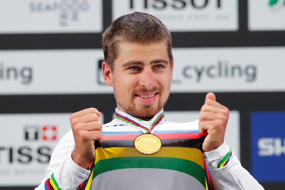 Peter Sagan of Slovakia displays his gold medal after winning men’s Elite Road Race at the UCI 2017 Road World Championship in Bergen, Norway, Sunday. — Reuters