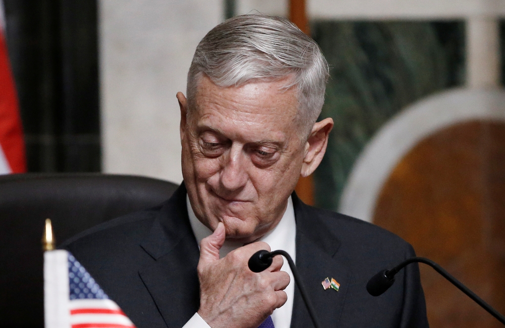 US Defense Secretary Jim Mattis gestures as he speaks during a joint news conference in New Delhi on Tuesday. — Reuters