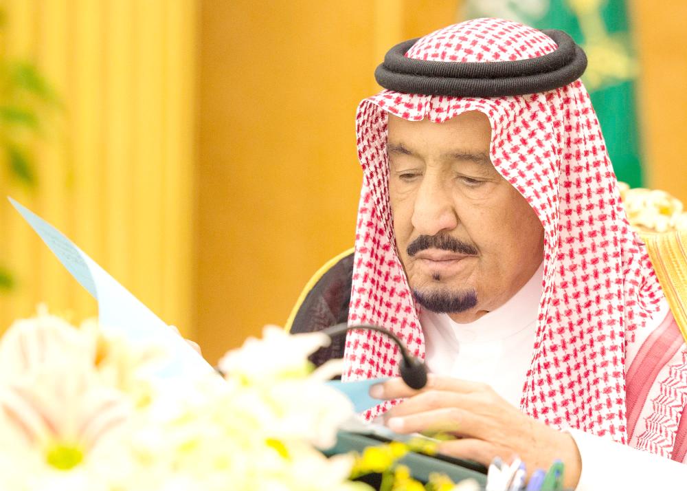 Custodian of the Two Holy Mosques King Salman chairs the Cabinet’s session at Al-Yamamah Palace in Riyadh on Tuesday.