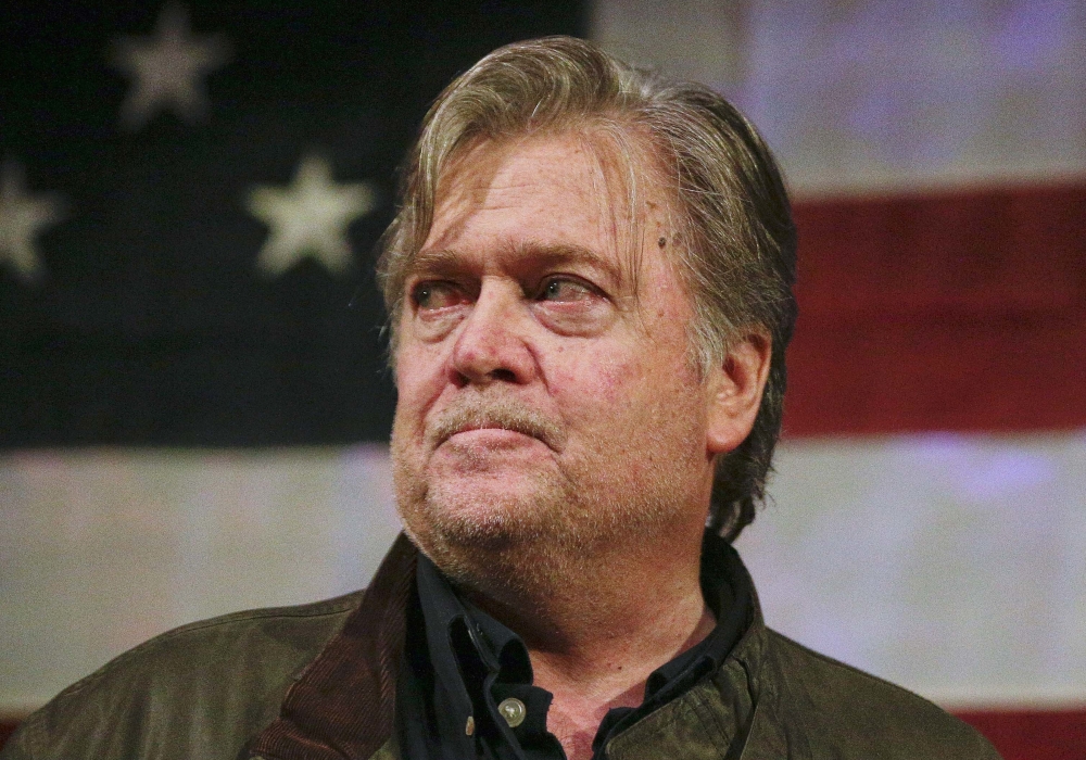 In this file photo, former presidential strategist Steve Bannon speaks at a rally for US Senate hopeful Roy Moore, in Fairhope, Ala. Bannon is rebuffing President Donald Trump’s public plea for him to retreat in his war on the Republican establishment, personally boosting the candidacy of a challenger to incumbent Sen. Jeff Flake. — AP