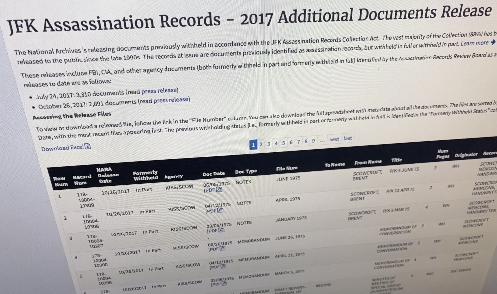 Part of a web page showing the page from the National Archives showing a listing of records released on Thursday in Washington, relating to the assassination of President John F. Kennedy. President Donald Trump blocked the release of hundreds of records on the Kennedy assassination, bending to CIA and FBI appeals, while the National Archives moved to turn over some 2,800 other records. — AP