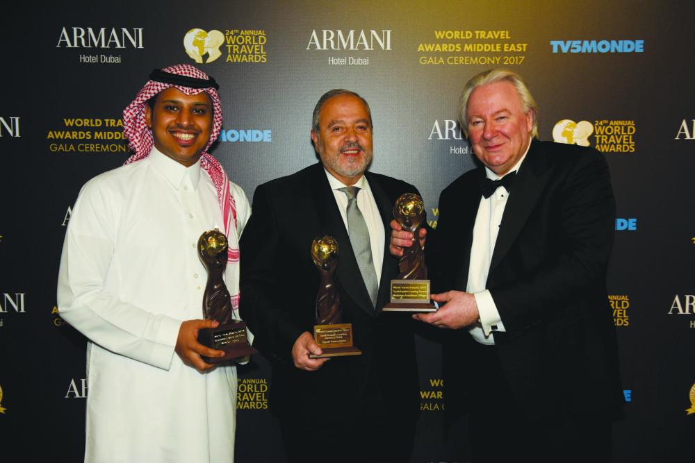 Hassan Ahdab, President of Hotels Operations, Dur hospitality company and Abdullah Bakarman, Corporate Marketing Manager of Dur Hotel Operations Division, Dur hospitality company, receive the awards during a ceremony held in Dubai