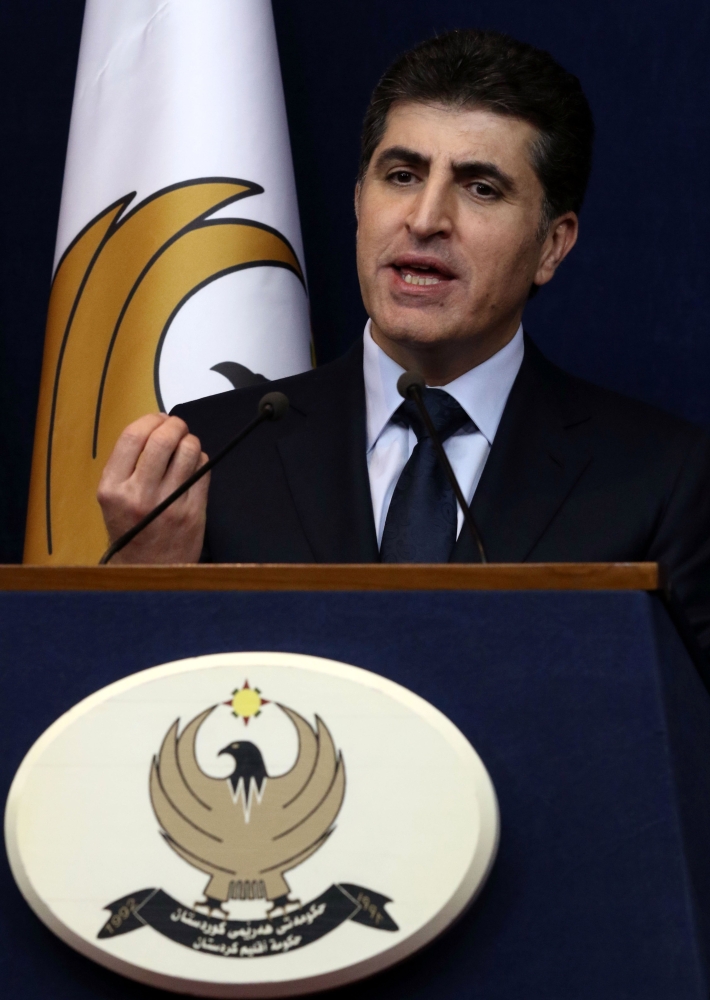 Nechirvan Barzani, prime minister of Iraq's Kurdistan Regional Government (KRG), speaks during a press conference in the northern Iraqi city of Irbil, the capital of the autonomous Kurdistan region, on Tuesday. — AFP