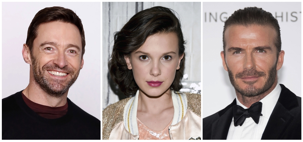 This combination photo shows, from left, Hugh Jackman, Millie Bobby Brown and David Beckham, some of the celebrities announced as participants and official supporters of the UNICEF initiative World Children’s Day on Nov. 20. - AP