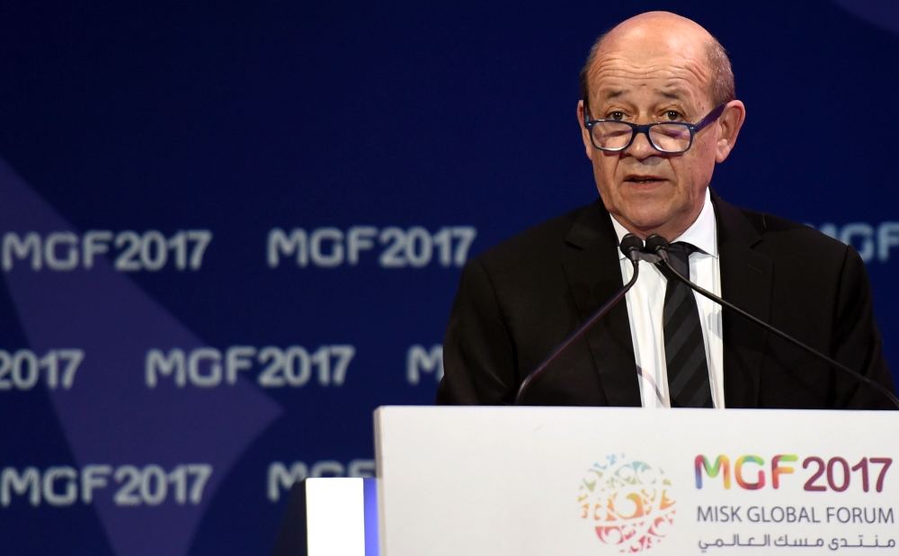 French Minister of Europe and and Foreign Affairs, Jean Le Drian, adresses the 