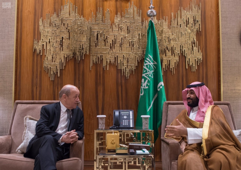 French Foreign Minister Jean-Yves Le Drian addresses a joint press conference with his Adel Al-Jubeir (right) in Riyadh, Thursday. — AFP