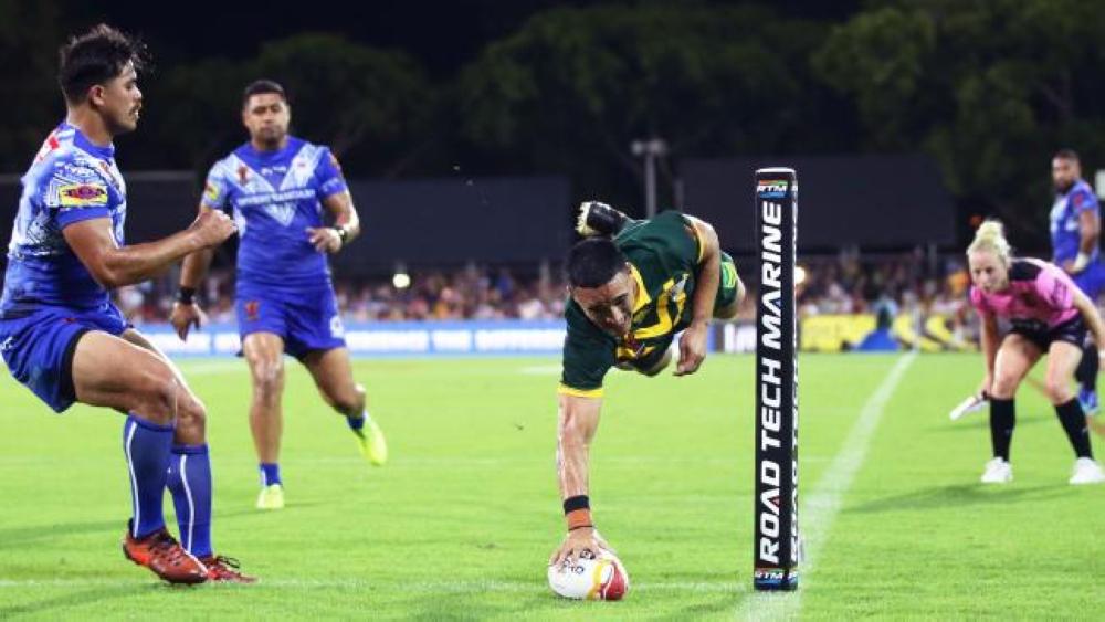 Valentine Holmes touches down for one of his five tries in the Kangaroos’ thrashing of Samoa in Darwin. — AFP
