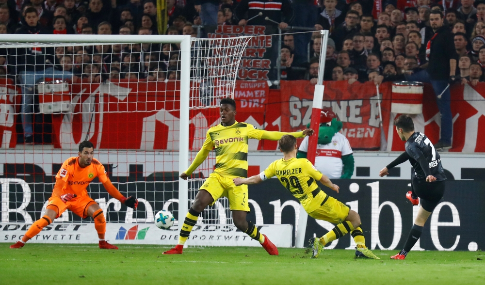 Stuttgart's Josip Brekalo scores their second goal against Borussia Dortmund in the Bundesliga action at the Mercedes-Benz Arena, Stuttgart, Germany, on Friday. — Reuters