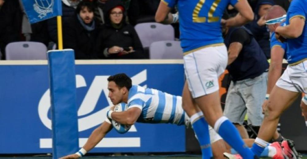 Argentina's full back Joaquin Tuculet scores a try against Italy during their Test match at the Artemio Franchi stadium in Florence, on Saturday. — AFP