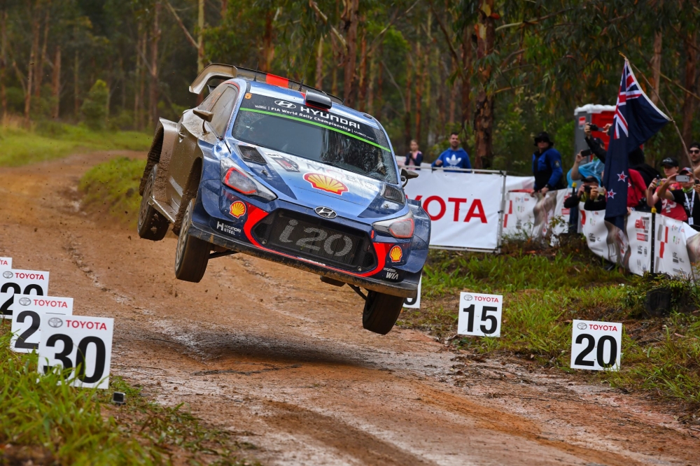 Belgian's Thierry Neuville and co-driver Nicolas Gilsoul jump their car during the Rally of Australia, near Coffs Harbour, Sunday. Neuville and Gilsoul won the Rally of Australia. — AP