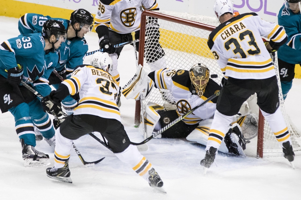 Boston Bruins goalie Anton Khudobin (35) deflects a shot by the San Jose Sharks in the third period at SAP Center at San Jose. — Reuters