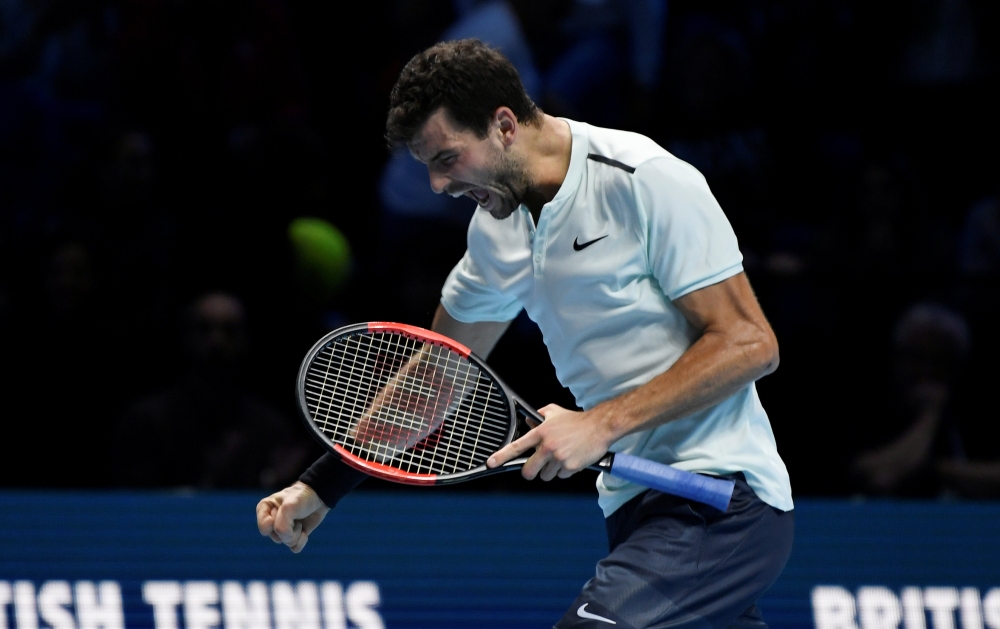 Tennis - ATP World Tour Finals - The O2 Arena, London, Britain - November 18, 2017   Bulgaria's Grigor Dimitrov celebrates after winning his semifinal match against USA's Jack Sock in the ATP World Tour Finals at The O2 Arena, London, on Saturday. — Reuters