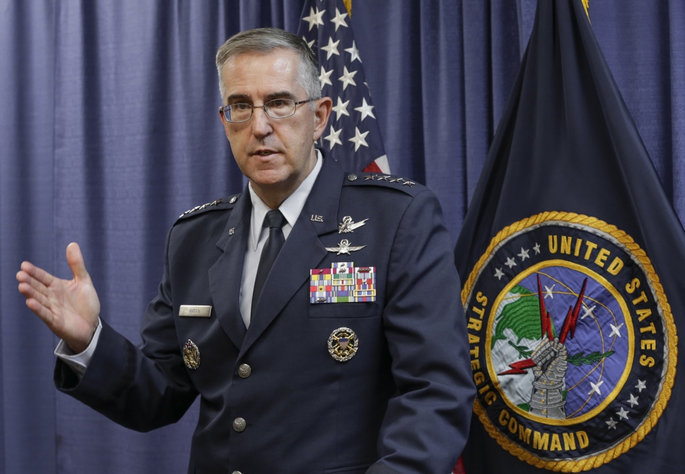 Air Force Gen. John Hyten, the incoming commander of the United States Strategic Command, speaks to reporters following a change of command ceremony at Offutt Air Force Base in Bellevue, Nebraska, in this Nov. 3, 2016 file photo. — AP