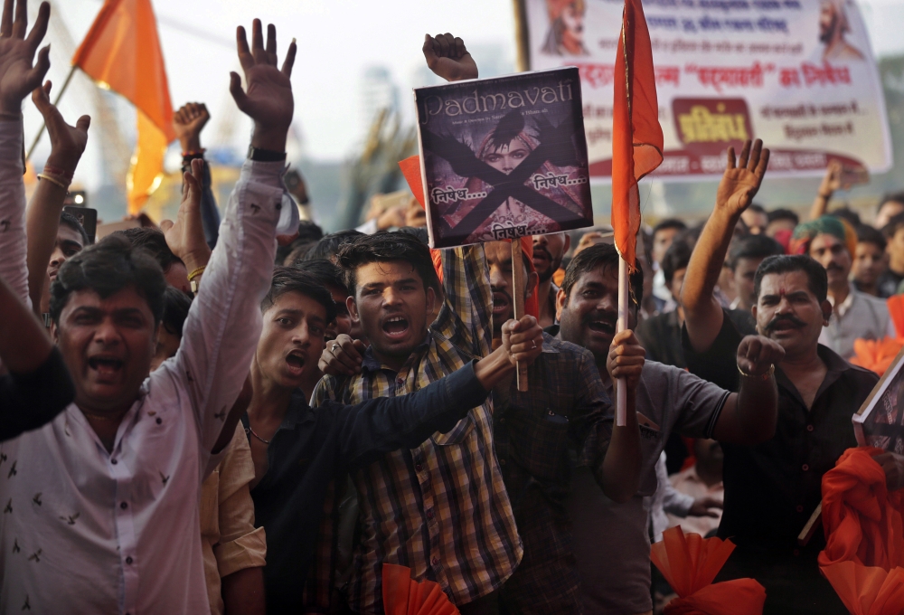 Members of India's Rajput community shout slogans as they protest against the release of Bollywood film “Padmavati” in Mumbai, India, on Monday. — AP