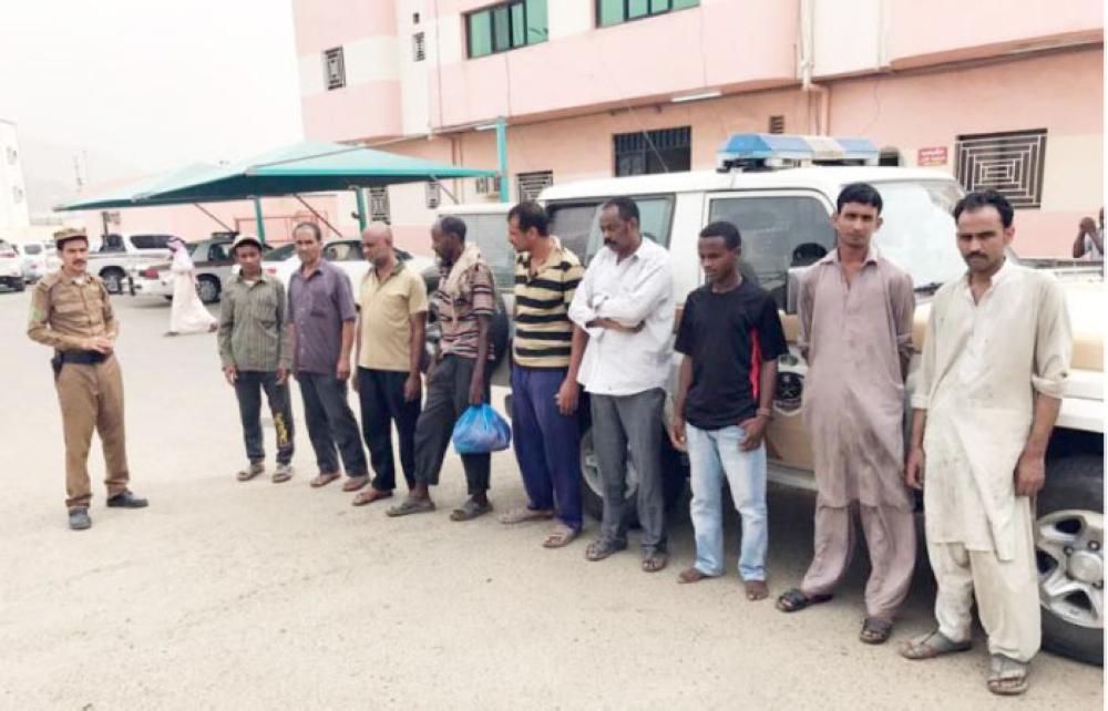 Some of the rounded up illegal expatriates in Asir. — Okaz photos