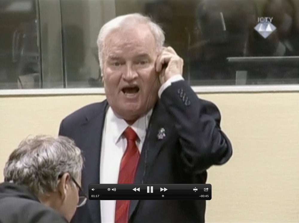 Ex-Bosnian Serb wartime general Ratko Mladic reacts in court at the International Criminal Tribunal for the former Yugoslavia (ICTY) in the Hague, Netherlands, in this still image taken from a video on Wednesday. — Reuters
