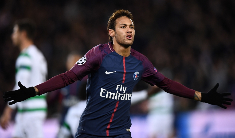 Paris Saint-Germain's Brazilian striker Neymar celebrates scoring his second goal during the UEFA Champions League Group B football match between Paris Saint-Germain (PSG) and Glasgow Celtic at Parc des Princes Stadium in Paris on Wednesday.  — AFP