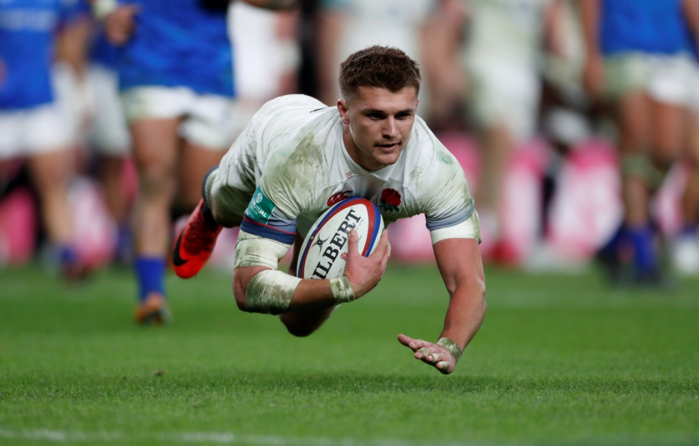 England's Henry Slade scores a try against Samoa in the Rugby Union Autumn Internationals at the Twickenham Stadium, London, on Saturday. — Reuters