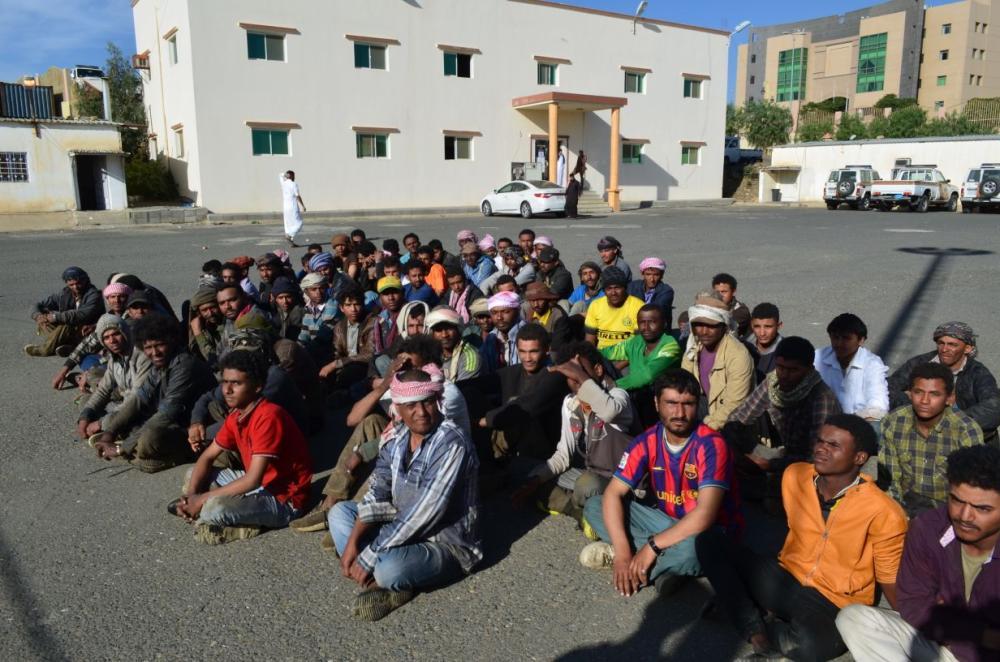 A group of illegal residents rounded up by security authorities in Asir province on Thursday.
