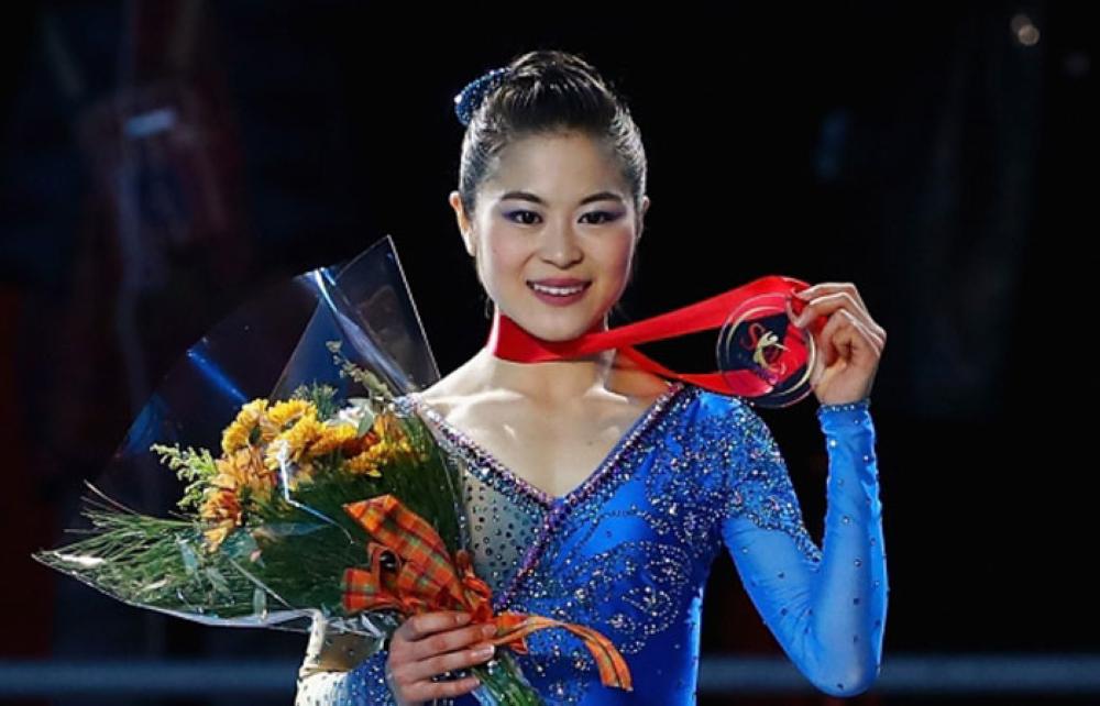 Gold medalist Satoko Miyahara of Japan poses after competing in the Ladies' Free Skate during day three of 2017 Bridgestone Skate America at Herb Brooks Arena on Sunday in Lake Placid, New York. — AFP