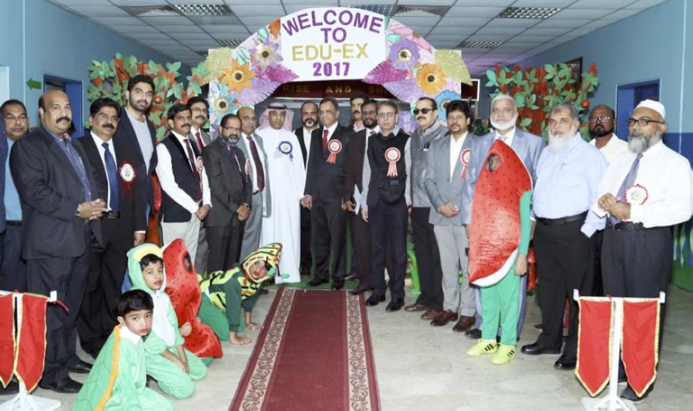 The officials from the Ministry of Education in the Eastern Province accompanied by IISD chairman Dr. Zainul Abedin and Head of Institution Dr. E.K. Shaffe opening the “EduEX-2017” at International Indian School, Dammam early this week. — Courtesy photo
