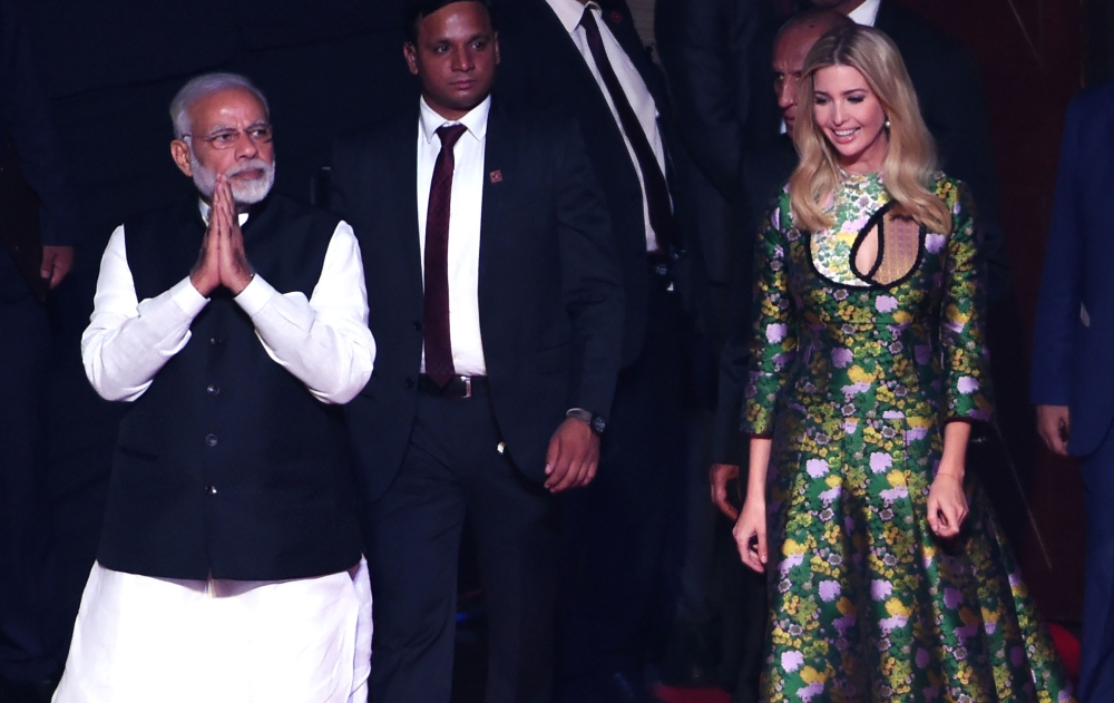 Indian Prime Minister Narendra Modi, left and Adviser to US President Ivanka Trump, right, arrive at the Global Entrepreneurship Summit at the Hyderabad convention center in Hyderabad on Tuesday. — AFP