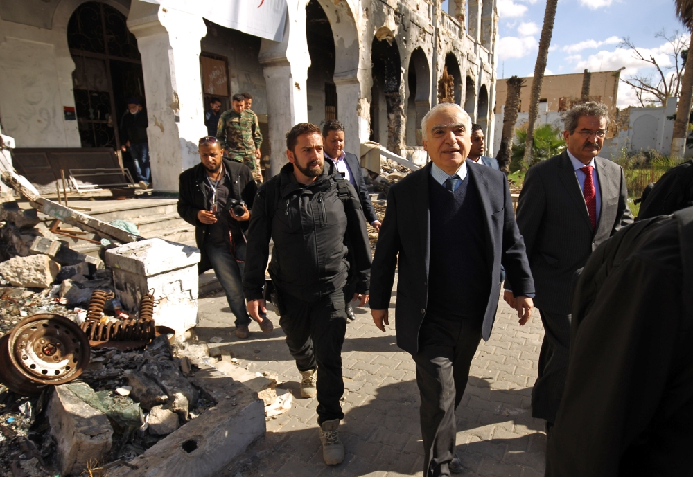 Ghassan Salame (center), special representative to the Secretary General of the United Nations for Libya, is seen during a visit to the eastern Libyan city of Benghazi, Wednesday. — AFP
