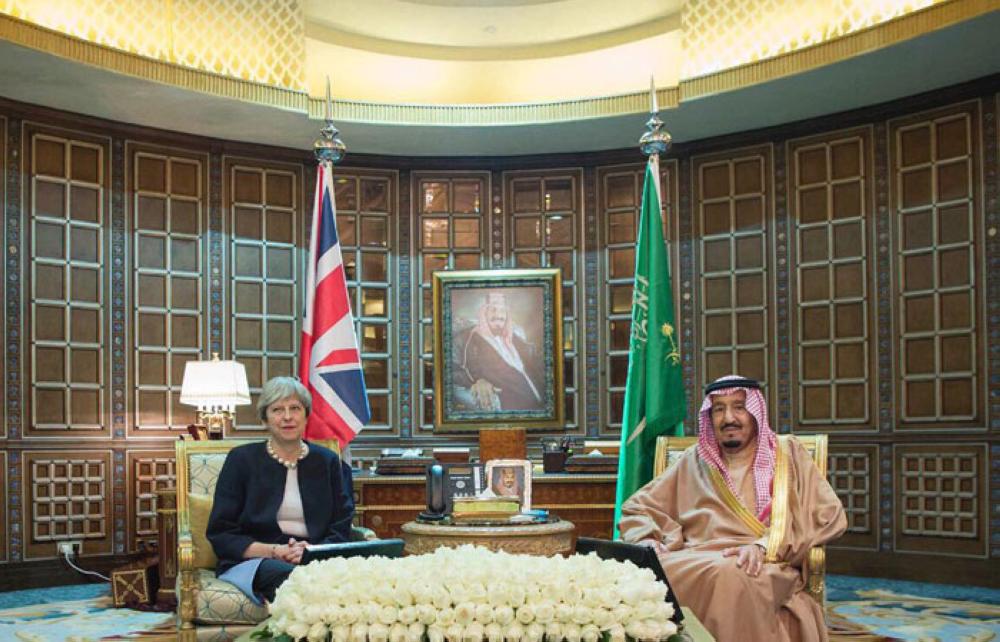 Custodian of the Two Holy Mosques King Salman receives British Prime Minister Theresa May in Riyadh on Wednesday.  — SPA photos