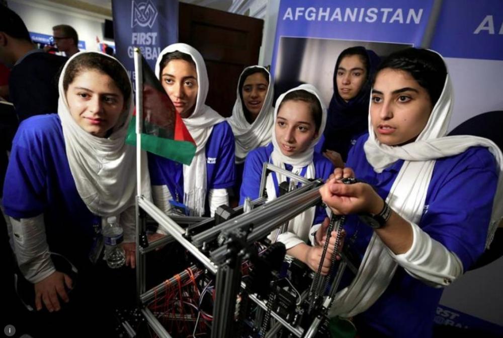 The all-girl team from Afghanistan prepares at FIRST Global's First International Robot Olympics in Washington. — Reuters