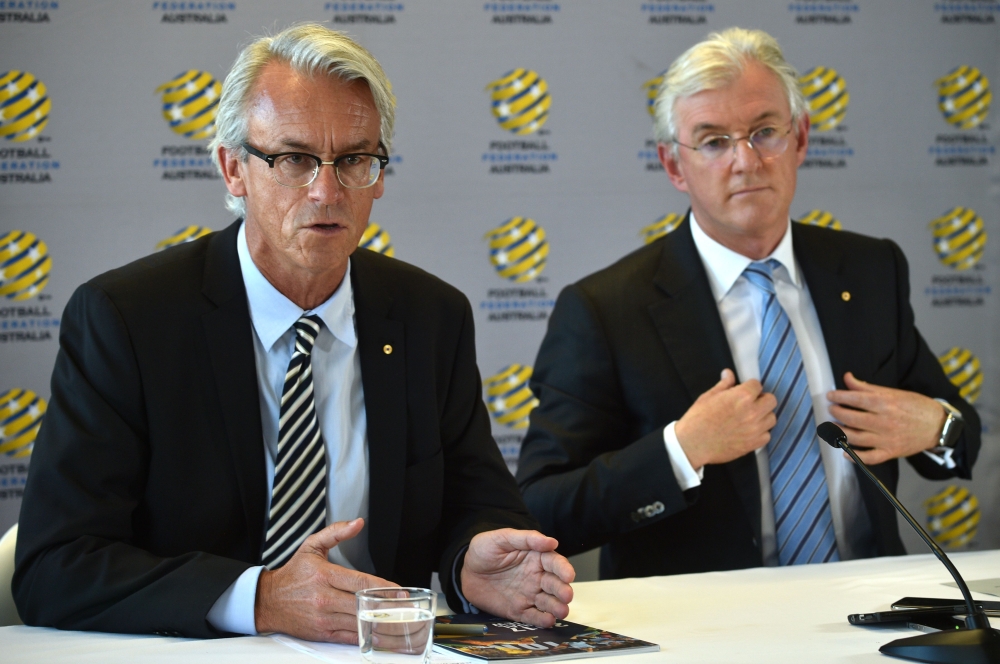 Football Federation Australia chairman Steven Lowy (R) and chief executive officer David Gallop (L) take part in a press conference at the federation's head office in Sydney on Thursday. — AFP